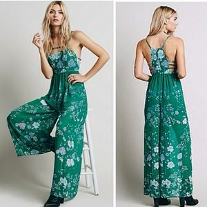 Free People emerald green floral wide leg jumpsuit size 4